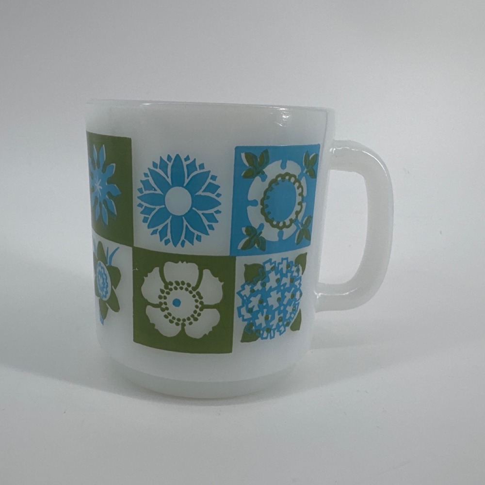 Vintage Glasbake Milk Glass Mug Blue Green Retro Floral Tile MCM Coffee Cup